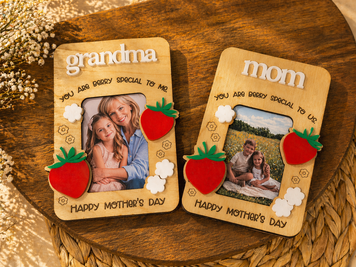 Two wooden photo frames for 'grandma' and 'mom' with family photos and decorative elements on a wooden surface.