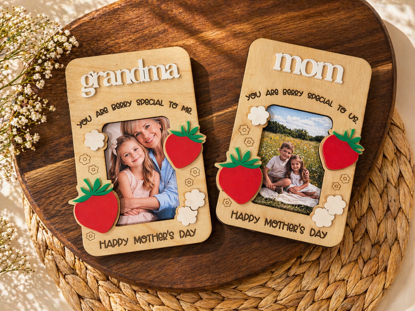 Two wooden photo frames for 'grandma' and 'mom' with strawberry decorations on a wooden surface.