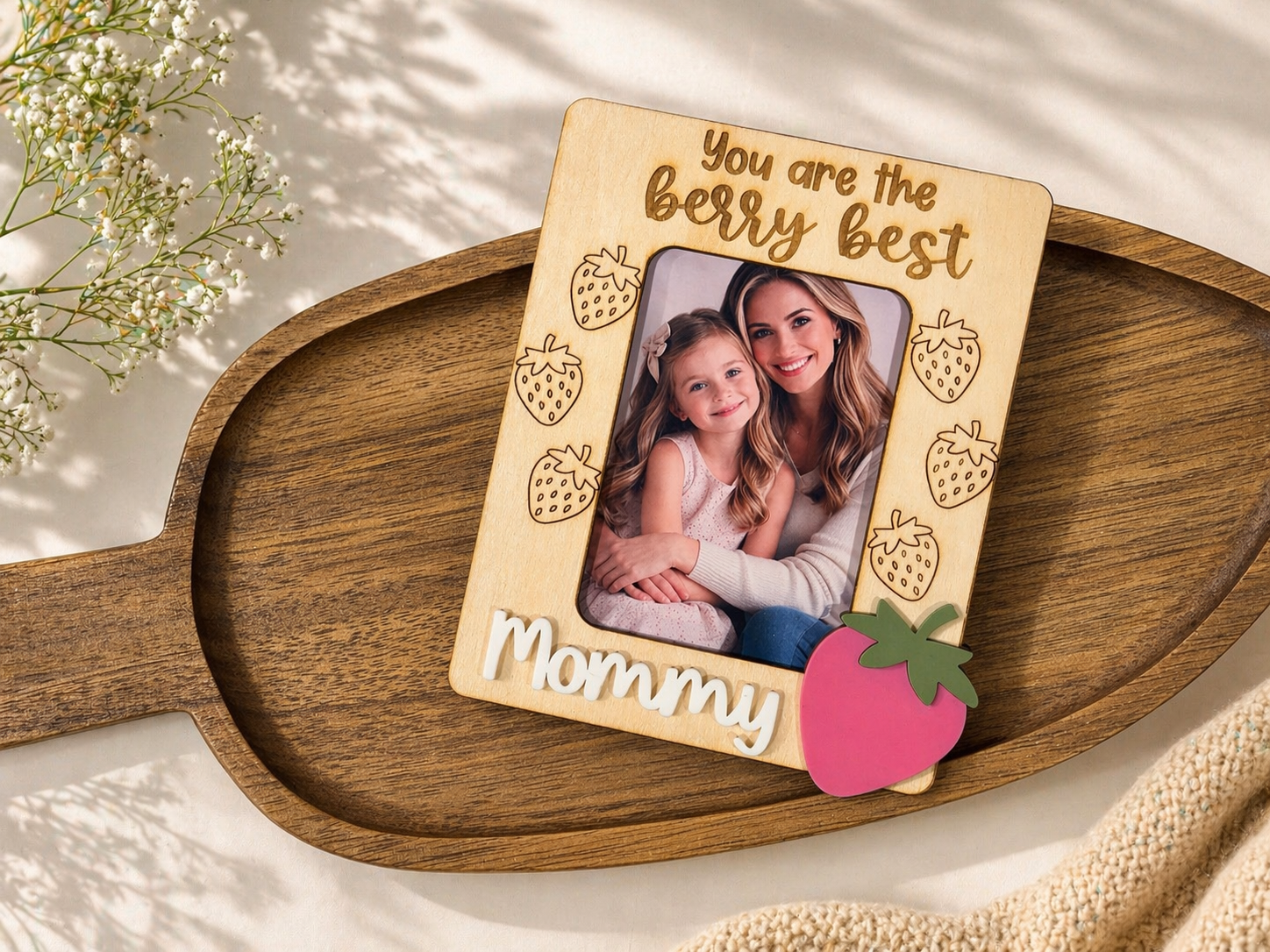 Wooden photo frame with a picture of a woman and a child, surrounded by strawberry designs on a wooden tray.