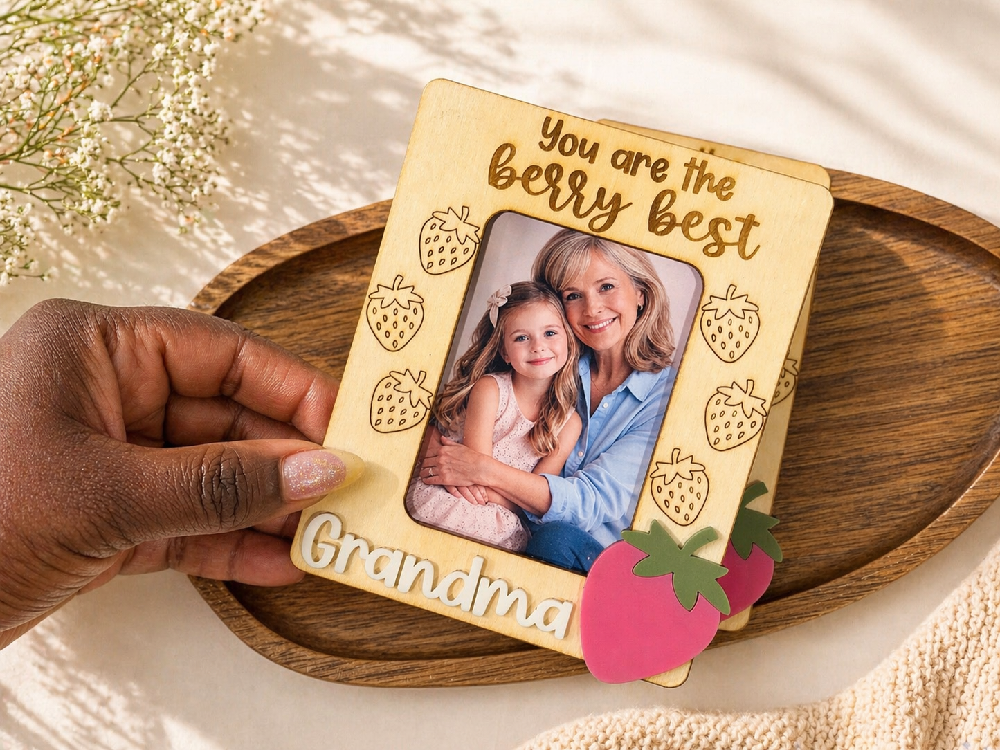 Personalized photo frame with a photo of a woman and a child, text 'You are the berry best Grandma', and strawberry designs.