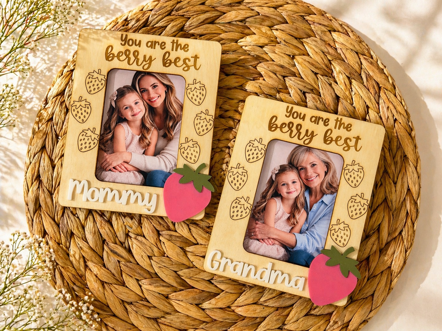 Two wooden photo frames with engraved text and family photos on a woven mat.
