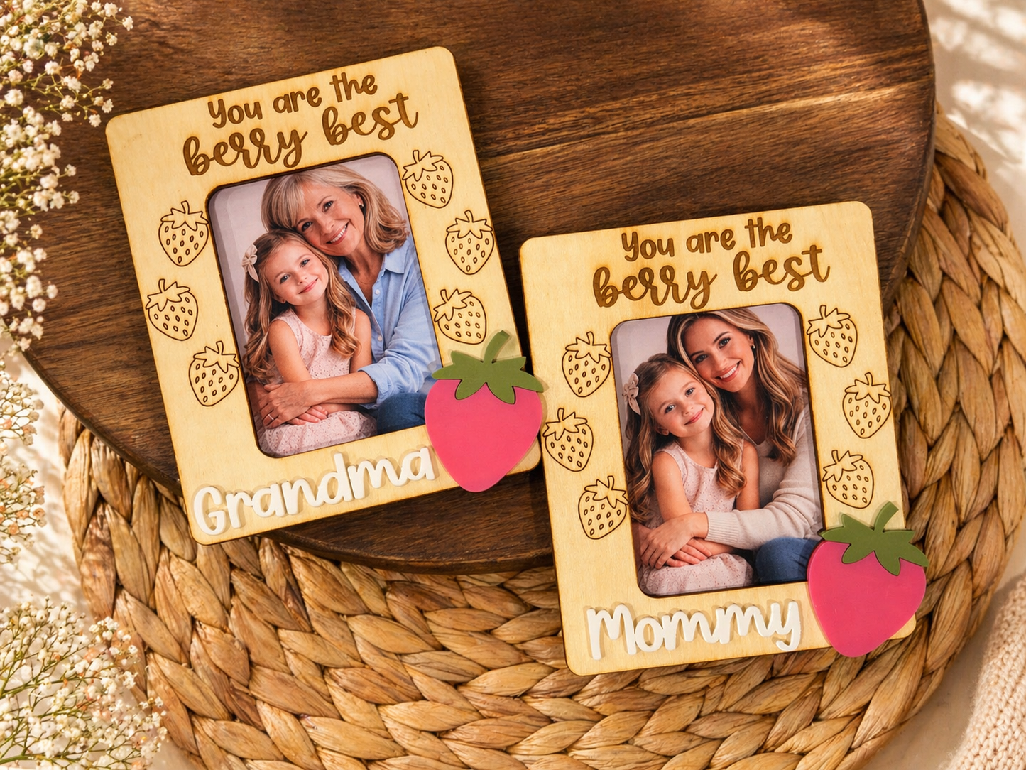 Two wooden photo frames with engraved text and family photos on a woven surface.