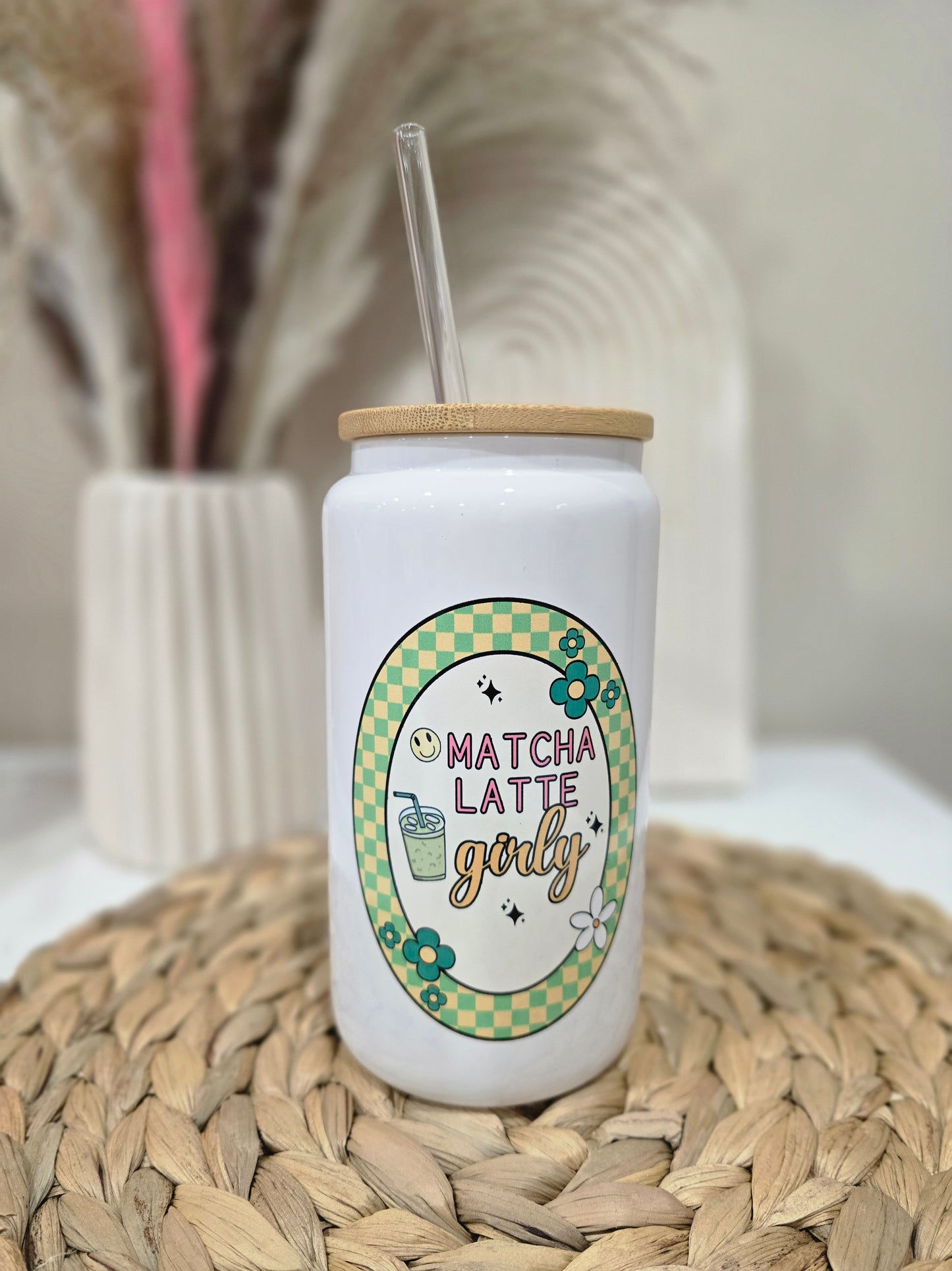 Matcha Latte Girly Glass Cup White