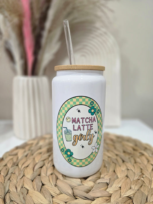 Matcha Latte Girly Glass Cup White